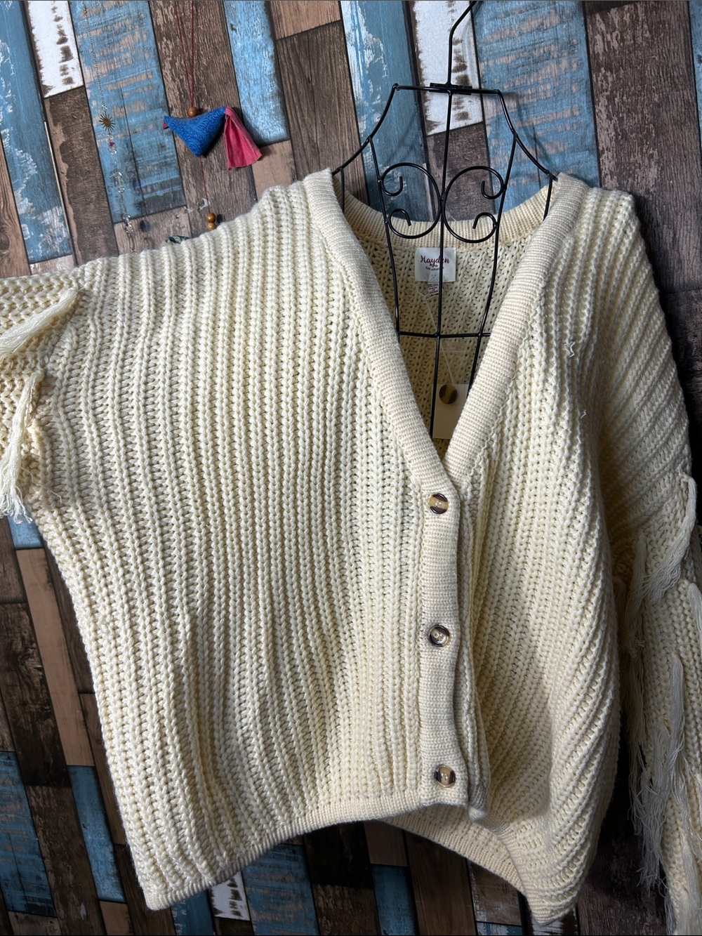 Hayden Cream Fringe Chunky V-Neck Cardigan - Picture 6 of 16